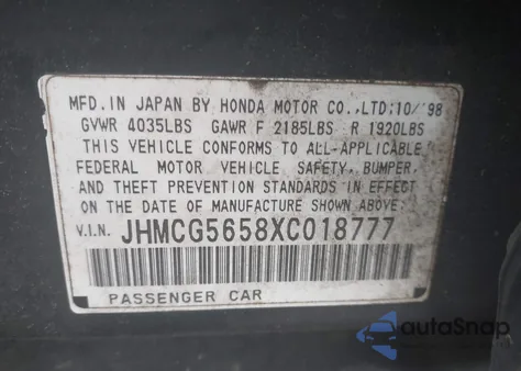 1999 Honda Accord Ex z USA, uszkodzony, nr VIN JHMCG5658XC018777